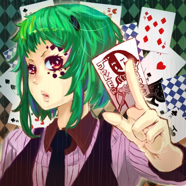 Anime picture 1200x1200 with vocaloid poker face (vocaloid) gumi navy (artist) single short hair red eyes horn (horns) green hair face face paint rhombus joker girl shirt necktie vest card (cards)