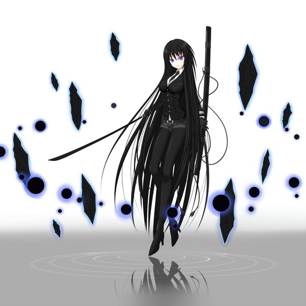 Anime picture 2000x2000 with original gmot single long hair highres black hair simple background heterochromia girl weapon pantyhose sword shorts katana