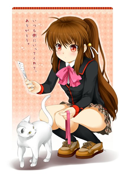 Anime picture 707x1000 with little busters! key (studio) natsume rin ninamo long hair tall image blush red eyes brown hair yellow eyes ahoge ponytail pleated skirt looking back hieroglyph squat girl skirt uniform ribbon (ribbons)