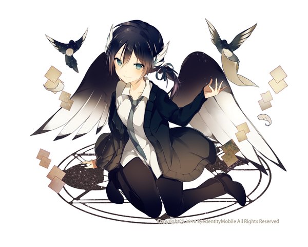 Anime picture 800x640 with million arthur (series) square enix lpip single long hair looking at viewer fringe blue eyes black hair simple background smile hair between eyes white background sitting full body bent knee (knees) arm support magic watermark head wings