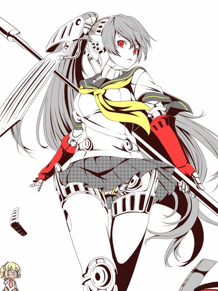 Anime picture 800x1066 with persona 4 persona 3 persona aegis labrys kukuri (ahagon) single long hair tall image looking at viewer black hair red eyes ponytail pleated skirt girl skirt uniform weapon school uniform android