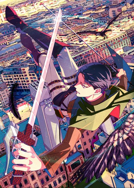 Anime picture 642x900 with shingeki no kyojin production i.g levi (rivaille) zain single tall image short hair black hair looking away from above city cityscape flying boy weapon animal sword wings jacket bird (birds)