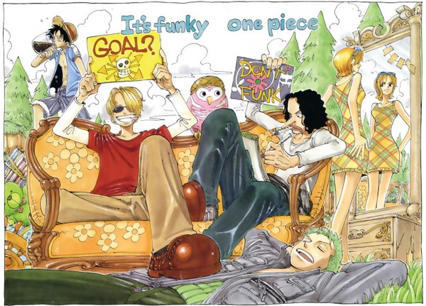 Anime picture 1424x1024 with one piece toei animation nami (one piece) monkey d. luffy roronoa zoro sanji usopp oda eiichirou fringe short hair open mouth black hair blonde hair smile standing sitting holding looking away cloud (clouds) outdoors