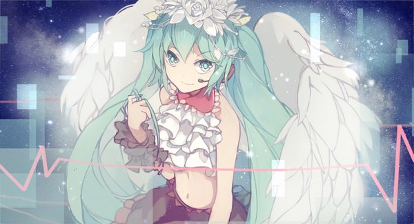 Anime picture 1476x800 with vocaloid hatsune miku xiaohan single long hair looking at viewer wide image twintails hair flower aqua eyes aqua hair angel wings white wings girl skirt navel hair ornament flower (flowers) miniskirt wings