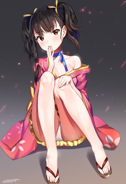 Anime picture 2480x3616 with koutetsujou no kabaneri wit studio mumei (kabaneri) dr poapo single tall image looking at viewer blush highres short hair open mouth light erotic black hair red eyes twintails traditional clothes japanese clothes off shoulder sparkle pantyshot