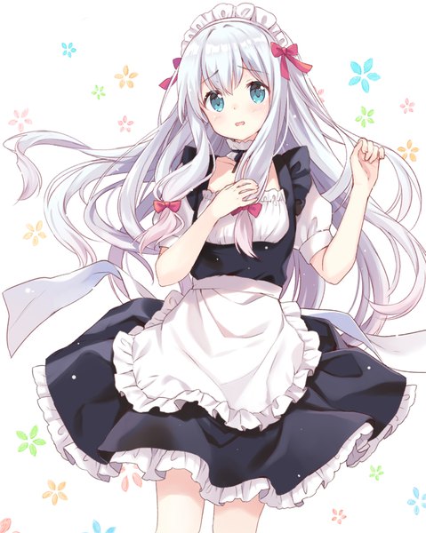 Anime picture 680x852 with eromanga sensei a-1 pictures izumi sagiri kurasawa moko single long hair tall image looking at viewer blush fringe open mouth blue eyes hair between eyes standing silver hair short sleeves maid alternate costume floating hair floral background