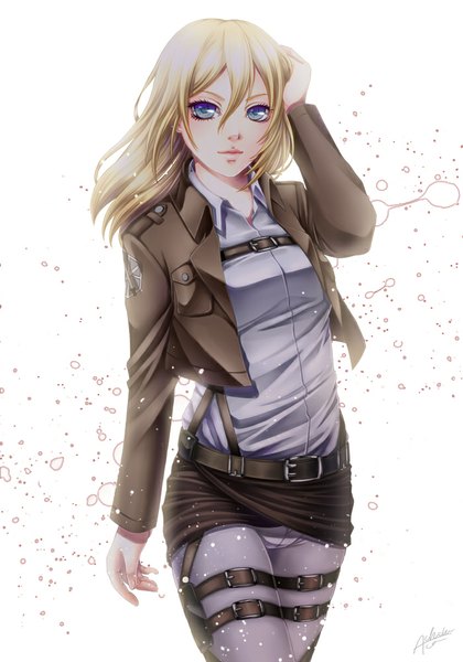 Anime picture 700x1000 with shingeki no kyojin production i.g krista lenz achikoako single long hair tall image looking at viewer blue eyes blonde hair simple background white background girl jacket belt