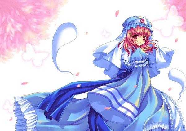 Anime picture 1000x708 with touhou saigyouji yuyuko ratise single blush short hair red eyes red hair looking back ghost girl dress petals frills insect butterfly bonnet