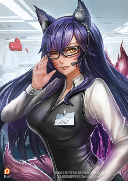 Anime picture 628x888 with league of legends ahri (league of legends) badcompzero single long hair tall image looking at viewer fringe breasts smile animal ears yellow eyes purple hair tail animal tail one eye closed wink fox ears facial mark fox tail