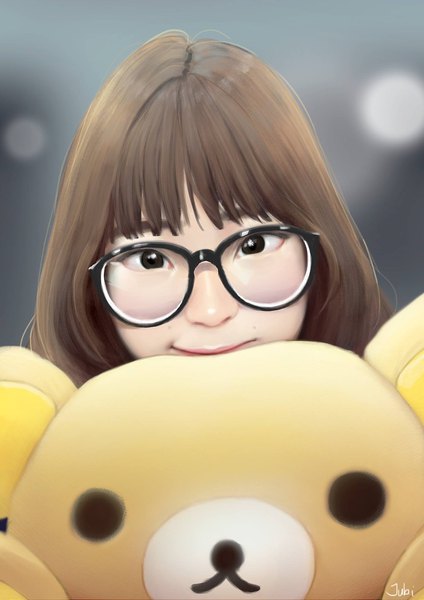 Anime picture 1447x2048 with real life yali zhang jubi (regiana) single long hair tall image looking at viewer smile brown hair signed black eyes blurry realistic girl glasses toy stuffed animal stuffed toy teddy bear