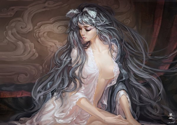 Anime picture 1600x1131 with original zhang wei yi single long hair breasts light erotic signed animal ears silver hair eyes closed girl dress