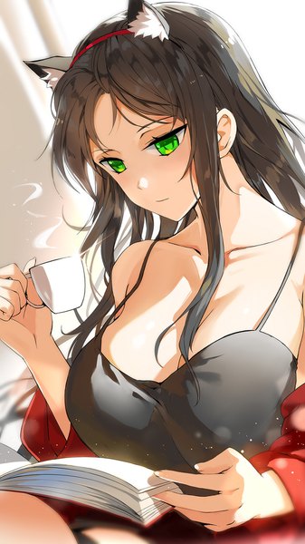 Anime picture 1124x2000 with original tameiki single long hair tall image blush fringe breasts black hair large breasts holding green eyes animal ears payot cleavage upper body cat ears looking down girl book (books)