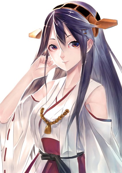 Anime picture 1414x2000 with kantai collection haruna battleship junp single long hair tall image looking at viewer black hair simple background white background brown eyes traditional clothes nontraditional miko girl hair ornament
