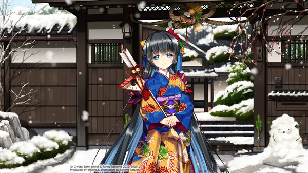 Anime picture 7680x4320 with original kirino kasumu single long hair looking at viewer highres blue eyes black hair smile wide image absurdres traditional clothes japanese clothes snowing winter snow 2015 2012 girl kimono
