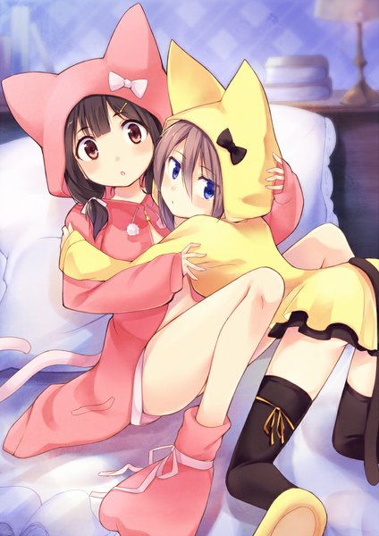 Anime picture 706x1000 with original kyuri tall image looking at viewer blush short hair blue eyes black hair red eyes brown hair multiple girls animal ears tail animal tail cat ears cat girl cat tail hug girl thighhighs