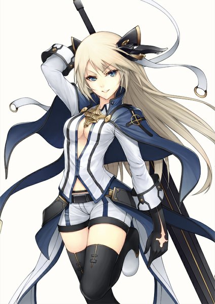 Anime picture 586x828 with original kyoeiki kyo (satousukuname) single long hair tall image fringe breasts blue eyes simple background blonde hair smile standing white background holding bent knee (knees) standing on one leg arm behind head leg lift (legs lift) girl