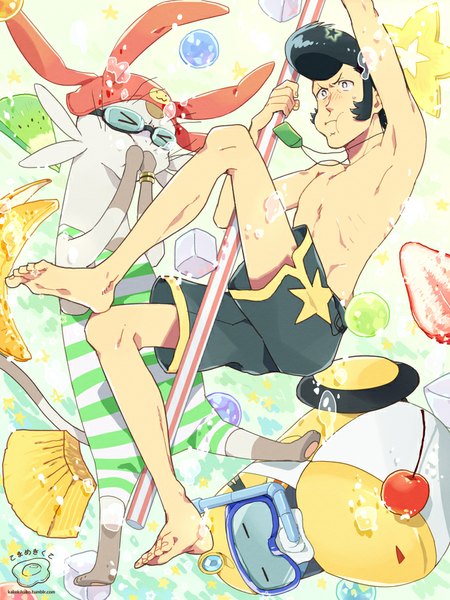 Anime picture 690x920 with space dandy studio bones dandy (space dandy) meow (space dandy) qt (space dandy) mosuko tall image blush short hair black hair eyes closed underwater star print > < pompadour boy swimsuit animal food bracelet