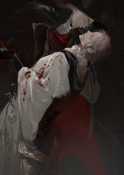 Anime picture 996x1414 with bloodborne from software gehrman the first hunter laurence the first vicar bloodytongue666 long hair tall image blonde hair brown hair eyes closed multiple boys low ponytail bloody clothes boy hat blood 2 boys top hat