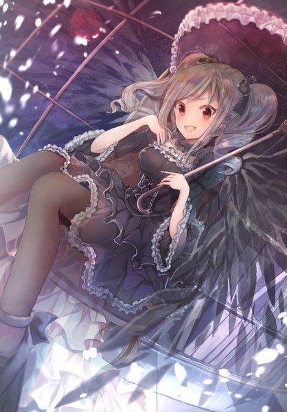 Anime picture 953x1366 with idolmaster idolmaster cinderella girls kanzaki ranko negima purinn single long hair tall image blush fringe open mouth smile red eyes twintails looking away pleated skirt grey hair drill hair happy black wings lolita fashion