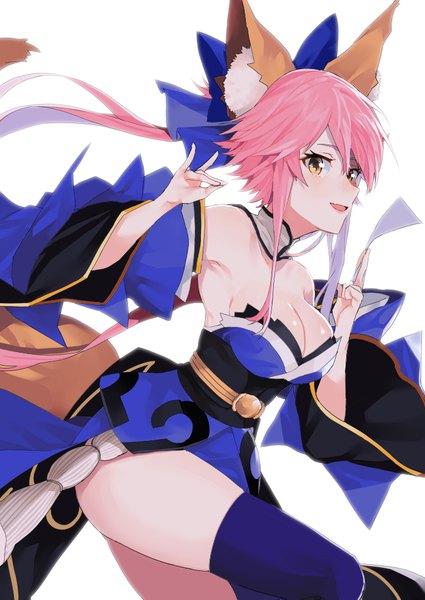 Anime picture 700x988 with fate (series) fate/extra tamamo (fate) (all) tamamo no mae (fate) pinch (nesume) single long hair tall image looking at viewer blush fringe breasts open mouth light erotic simple background smile hair between eyes large breasts white background bare shoulders