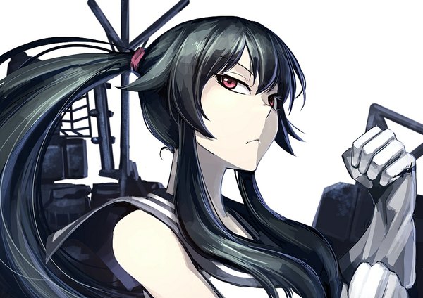 Anime picture 1052x744 with kantai collection yahagi light cruiser hetza (hellshock) single long hair looking at viewer black hair simple background white background ponytail pink eyes face hair over shoulder adjusting clothes adjusting gloves girl gloves white gloves scrunchie hair tie