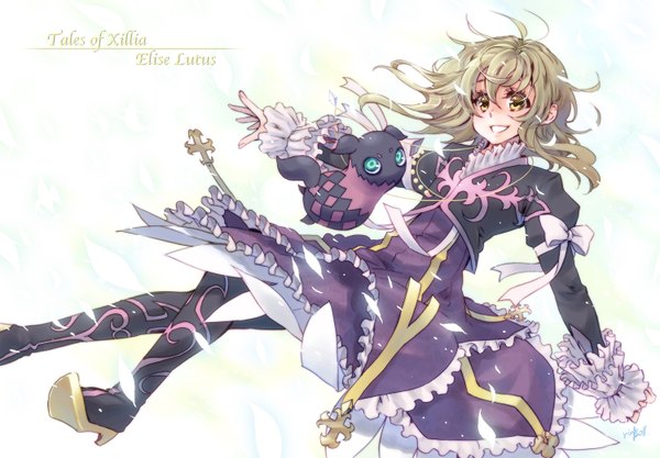 Anime picture 1500x1044 with tales of (series) tales of xillia elize lutus tipo (xillia) teepo (tales) takanashi ringo short hair blonde hair smile white background yellow eyes inscription spread arms weightlessness girl dress animal thigh boots
