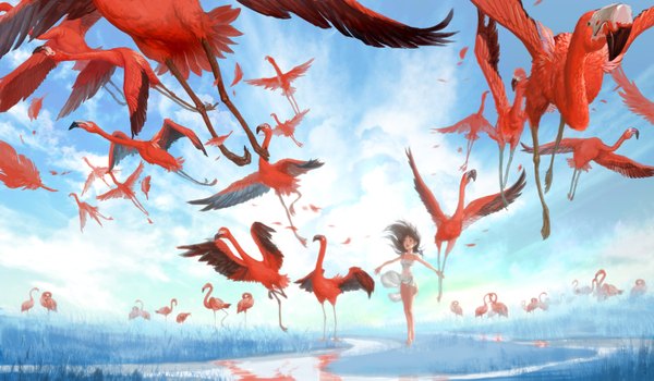 Anime picture 1500x875 with original mugon wide image spread arms flying landscape girl animal water bird (birds) flamingo