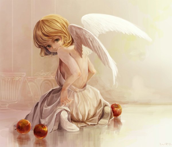 Anime picture 1000x855 with original aka tonbo (lovetow) single looking at viewer short hair blonde hair sitting bare shoulders green eyes looking back barefoot from behind no shoes back hieroglyph soles angel wings angel girl dress