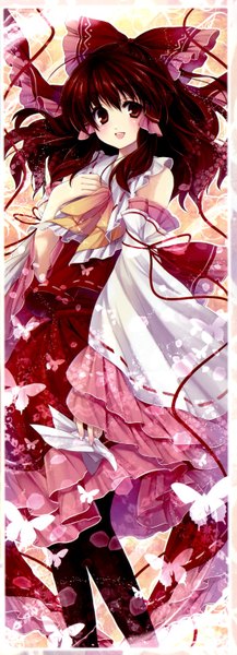 Anime picture 1098x3032 with touhou hakurei reimu hagiwara rin single long hair tall image blush open mouth smile brown hair bare shoulders brown eyes border silhouette girl bow ribbon (ribbons) hair bow detached sleeves petals