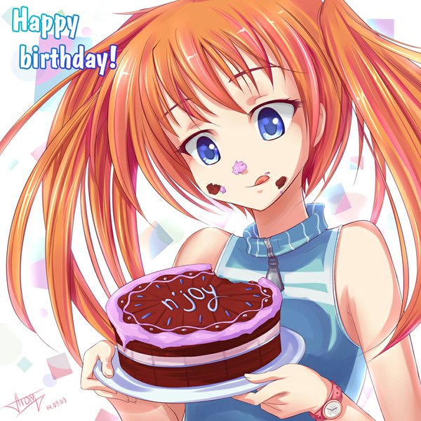 Anime picture 1024x1024 with original atomix single long hair blue eyes simple background twintails bare shoulders signed orange hair inscription happy birthday food on face girl food sweets tongue clock cake pocket watch