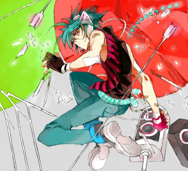 Anime picture 1322x1200 with renai yuusha anita963963 single short hair red eyes green hair from behind aqua hair sleeveless jumping boy headphones fingerless gloves bandaid jeans arrow (arrows) speakers