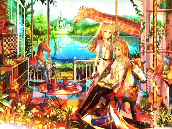 Anime picture 1920x1440 with original fuzichoco long hair highres blonde hair multiple girls yellow eyes checkered floor detailed girl flower (flowers) bow 2 girls plant (plants) hair bow animal water book (books) toy stuffed animal