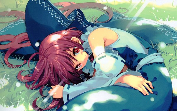 Anime picture 1500x938 with touhou hakurei reimu ueda ryou single long hair looking at viewer smile red eyes brown hair wide image bare shoulders ponytail sunlight alternate color girl skirt bow plant (plants) hair bow detached sleeves