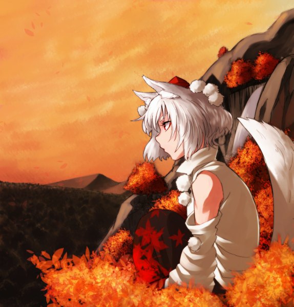 Anime picture 1147x1200 with touhou inubashiri momiji hinomoto madoka single tall image short hair red eyes bare shoulders animal ears sky white hair tail animal tail profile mountain wolf ears autumn wolf tail girl plant (plants)