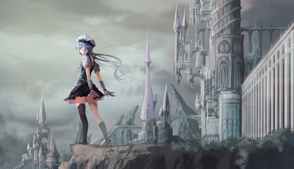 Anime picture 2598x1500 with original lee-chan (saraki) saraki single long hair highres blue eyes wide image standing twintails blue hair looking away full body profile short sleeves puffy sleeves outstretched arm looking down rock sad