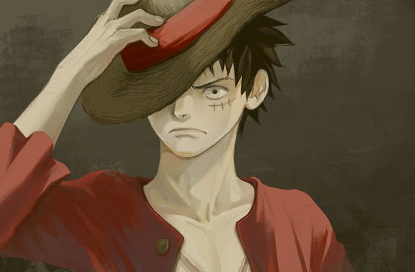 Anime picture 1000x655 with one piece toei animation monkey d. luffy koga single looking at viewer short hair black hair simple background black eyes grey background portrait scar boy hat