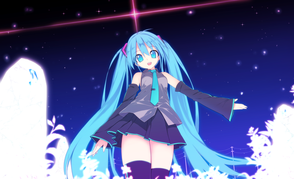 Anime picture 1650x1008 with vocaloid hatsune miku denpaken pochi looking at viewer open mouth blue eyes wide image twintails blue hair very long hair girl thighhighs skirt detached sleeves miniskirt necktie