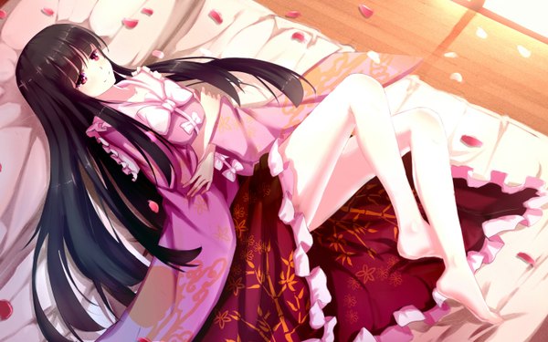 Anime picture 2880x1800 with touhou houraisan kaguya bakanoe single long hair fringe highres black hair red eyes lying blunt bangs barefoot bare legs pale skin girl dress bow petals bed