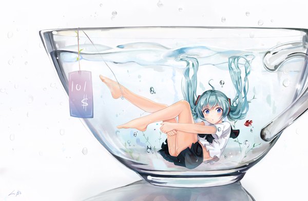 Anime picture 1920x1256 with vocaloid hatsune miku l.bou single long hair looking at viewer blush highres blue eyes white background twintails aqua hair bare legs girl skirt hair ornament animal shirt water bubble (bubbles)