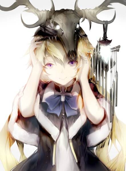 Anime picture 2585x3507 with original sa'yuki single long hair tall image looking at viewer fringe highres blonde hair smile white background purple eyes holding head tilt arms up girl cross skull skull helmet