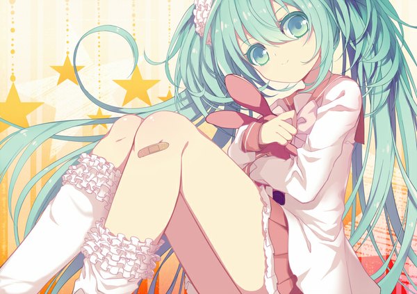 Anime picture 851x600 with vocaloid lol -lots of laugh- (vocaloid) hatsune miku ling (sroin) single looking at viewer fringe smile sitting twintails very long hair aqua eyes aqua hair bandaid on leg bandaid on knee girl uniform socks serafuku frills