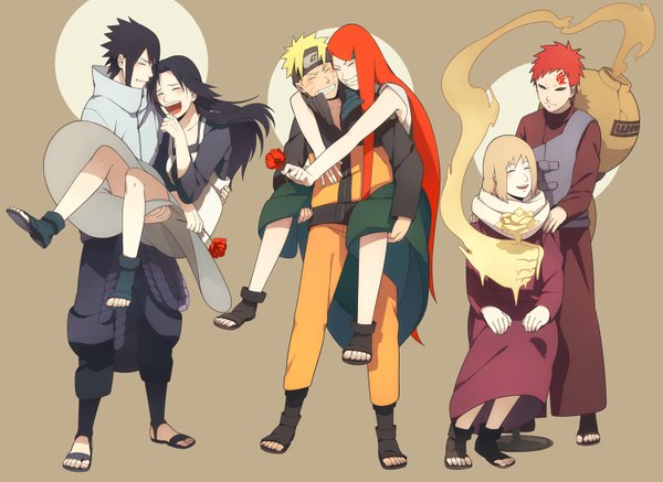 Anime picture 1500x1094 with naruto studio pierrot naruto (series) uzumaki naruto uchiha sasuke gaara uzumaki kushina uchiha mikoto karura (naruto) oba-min long hair fringe short hair open mouth black hair simple background blonde hair smile standing sitting