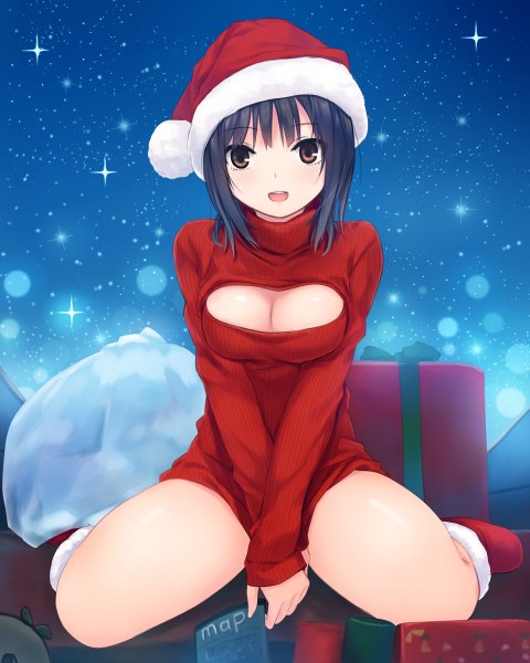 Anime picture 960x1200 with original aoyama sumika coffee-kizoku single tall image short hair open mouth light erotic black hair brown eyes cleavage fur trim girl hat fur sweater gift turtleneck santa claus hat open-chest turtleneck