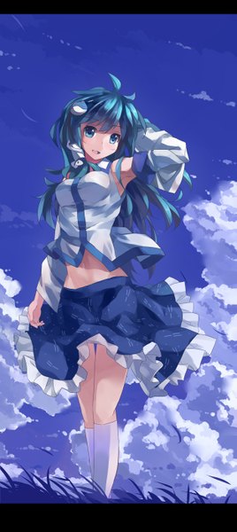 Anime picture 627x1400 with touhou kochiya sanae huanxiang huifeng single long hair tall image blush fringe open mouth blue eyes standing blue hair looking away sky cloud (clouds) wind bare belly letterboxed girl skirt