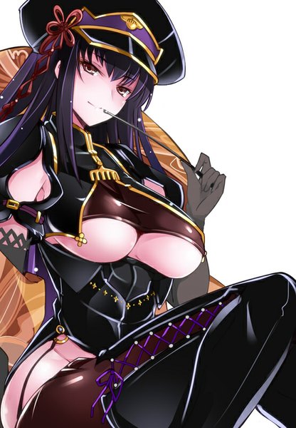 Anime picture 555x800 with sengoku bushouki muramasa taigen sessai (sengoku bushouki muramasa) mutou kurihito single long hair tall image looking at viewer breasts light erotic black hair simple background large breasts white background sitting brown eyes bent knee (knees) light smile no bra alternate costume underboob