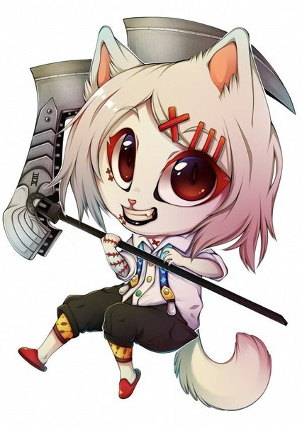 Anime picture 600x845 with tokyo ghoul studio pierrot suzuya juuzou single tall image short hair blonde hair smile red eyes animal ears tail animal tail cat ears cat tail chibi kemonomimi mode albino boy hair ornament weapon