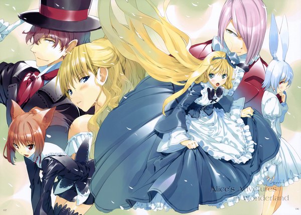 Anime picture 6368x4560 with alice in wonderland alice (wonderland) cheshire cat queen of hearts march hare ueda ryou highres animal ears cat girl bunny ears girl dress fancy fantasia