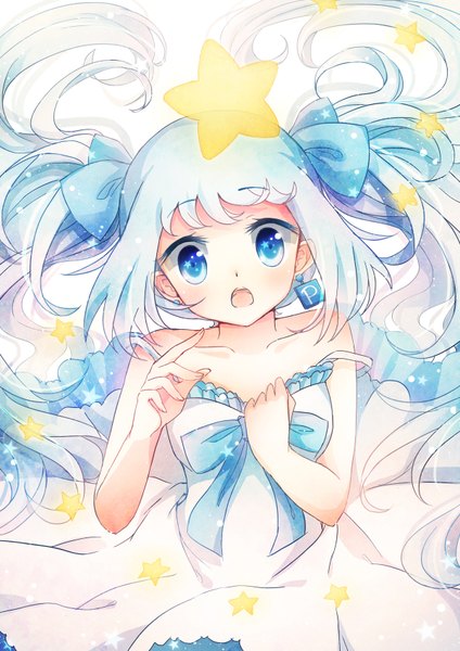 Anime picture 1200x1697 with original pixiv pixiv-tan emia wang single long hair tall image blush open mouth blue eyes blue hair girl dress bow hair bow star (symbol)