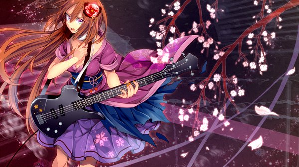 Anime picture 1500x839 with utau toudou charo single long hair looking at viewer open mouth blue eyes brown hair wide image hair flower cherry blossoms girl skirt hair ornament flower (flowers) plant (plants) petals tree (trees) guitar electric guitar