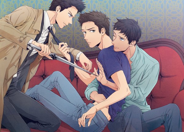 Anime picture 1243x889 with supernatural: the animation sam winchester dean winchester castiel kaimichi short hair blue eyes brown hair profile one eye closed wink shounen ai bristle boy weapon shirt sword necktie pants couch